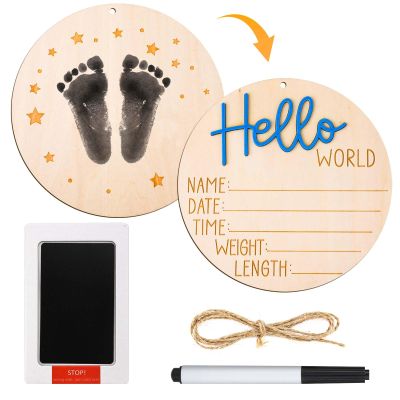 Baby Announcement Sign Plate, 5.9in Wooden Newborn Disc Board with Ink Pad for Hand & Footprints Hello Birth Plaque Gift for World New Parents Nursery Photo Prop Baby Disc Circle (Black)