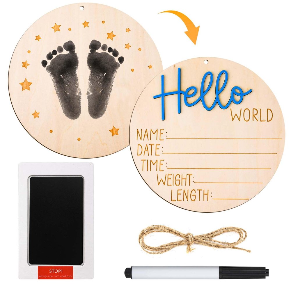 Baby Announcement Sign Plate, 5.9in Wooden Newborn Disc Board with Ink Pad for Hand & Footprints Hello Birth Plaque Gift for World New Parents Nursery Photo Prop Baby Disc Circle (Black)