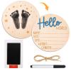 Baby Announcement Sign Plate, 5.9in Wooden Newborn Disc Board with Ink Pad for Hand & Footprints Hello Birth Plaque Gift for World New Parents Nursery Photo Prop Baby Disc Circle (Black) view 1