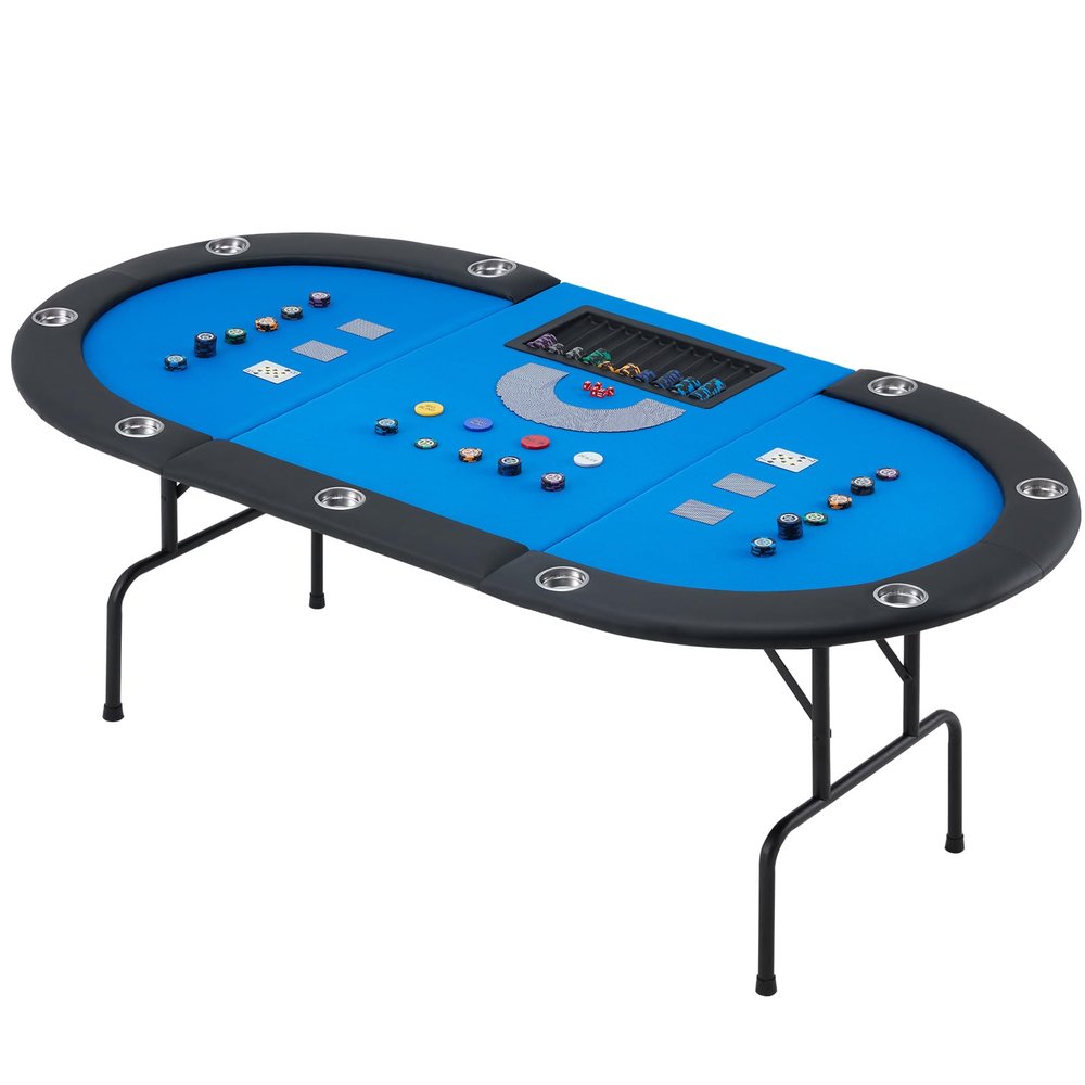 ECOTOUGE 9-Player Poker Table, Casino Leisure Table with Stainless Steel Cup Holders, Texas Hold'em Poker Table with Padded Rail, Blue