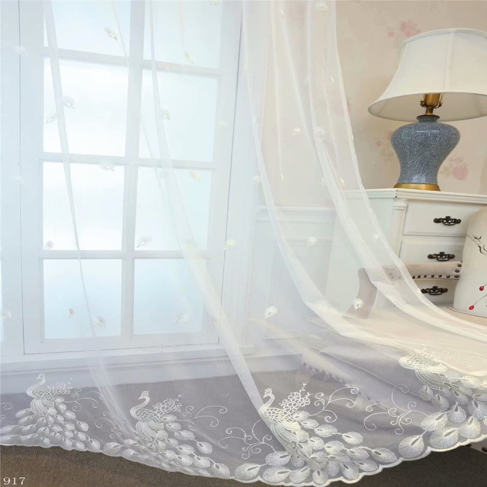 HooHero White Exquisite Peacock Embroidery Five Colors Available 50 Wide Sheer Curtains Home Decoration Living Kids Nursery Room Voile Curtain Rod Pocket Top