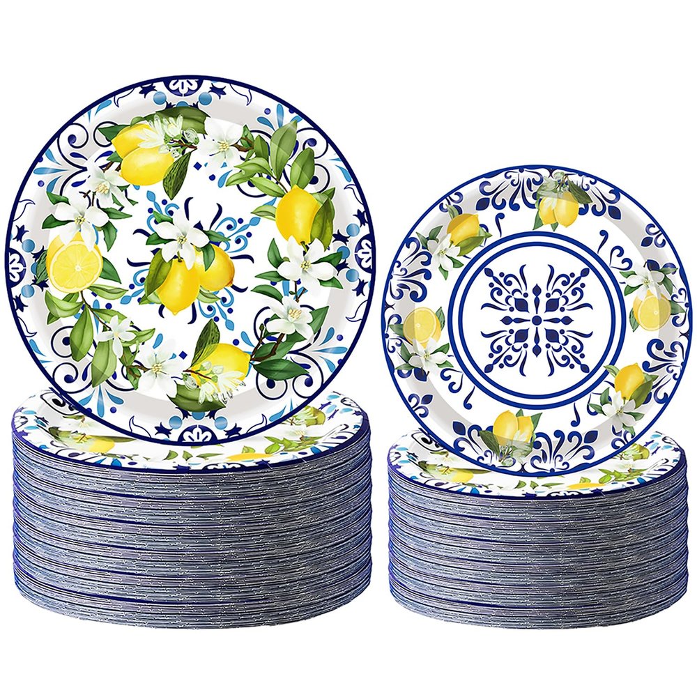 100pcs Capri Lemon Party Plates - Blue & Yellow Lemon Theme Decorations (9" & 7" Plates)