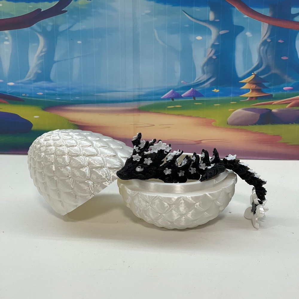 3D Printed Baby Dragon with Dragon Egg, 6" Articulated Back and White Cherry Blossom Baby Dragon, Home Decor Executive Desk Toys,Fidget Toys for Autism/ADHD BD004-BW