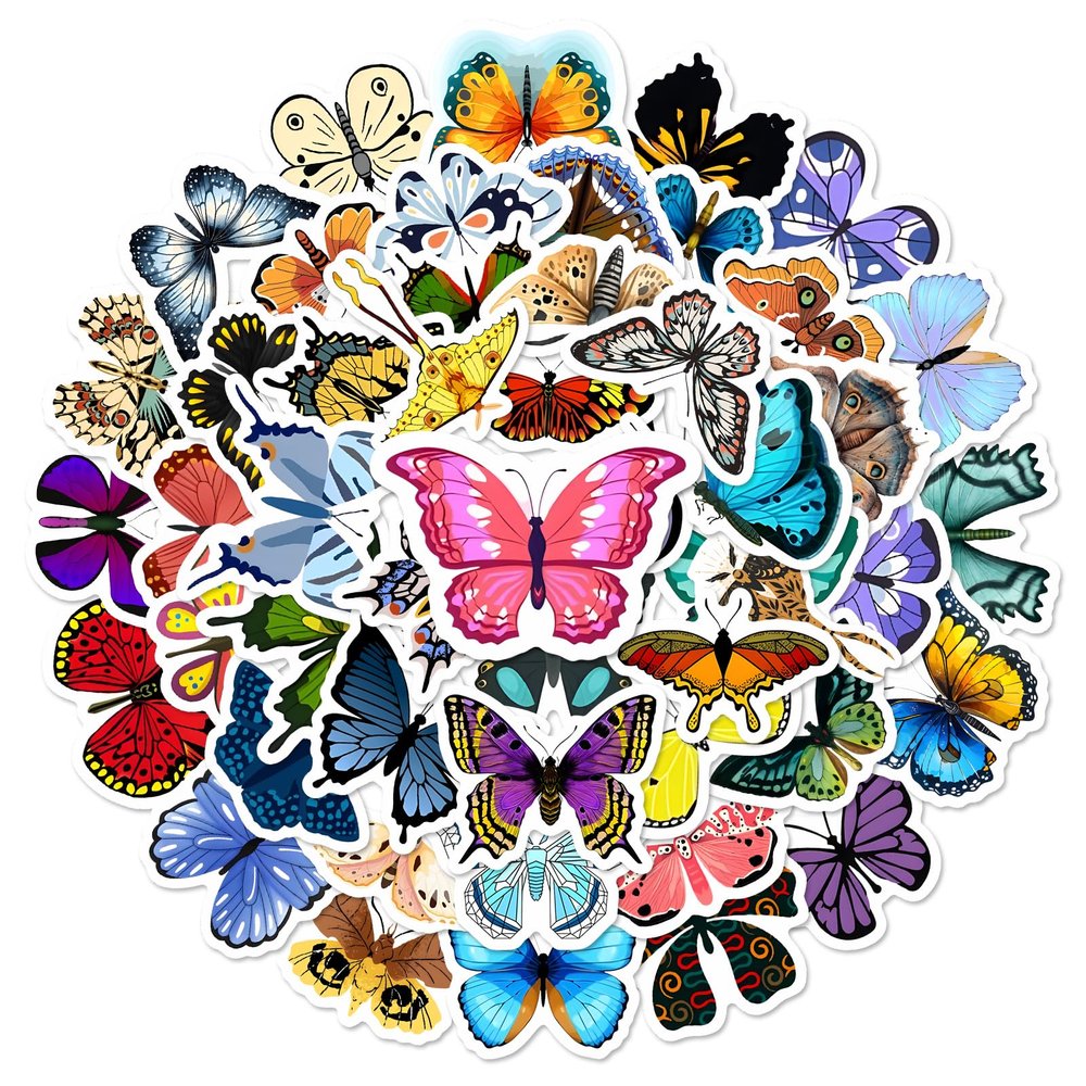 Assorted Butterfly Stickers 50pcs Waterproof Vinyl Decals for Journals, Water Bottles, Laptops, Kindle - Versatile Decorative Stickers for Crafts & Rewards