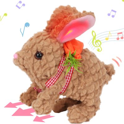 Hopearl Hopping Rabbit with LED Ears Carrot Backpack Interactive Plush Bunny Toy with Sounds Animated Walking Wiggle Light up Ears Twitch Nose Gift for Toddlers, Brown, 7''