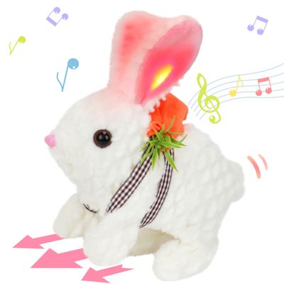 Hopearl Hopping Rabbit with LED Ears Carrot Backpack Interactive Plush Bunny Toy with Sounds Animated Walking Wiggle Light up Ears Twitch Nose Gift for Toddlers, White, 7''