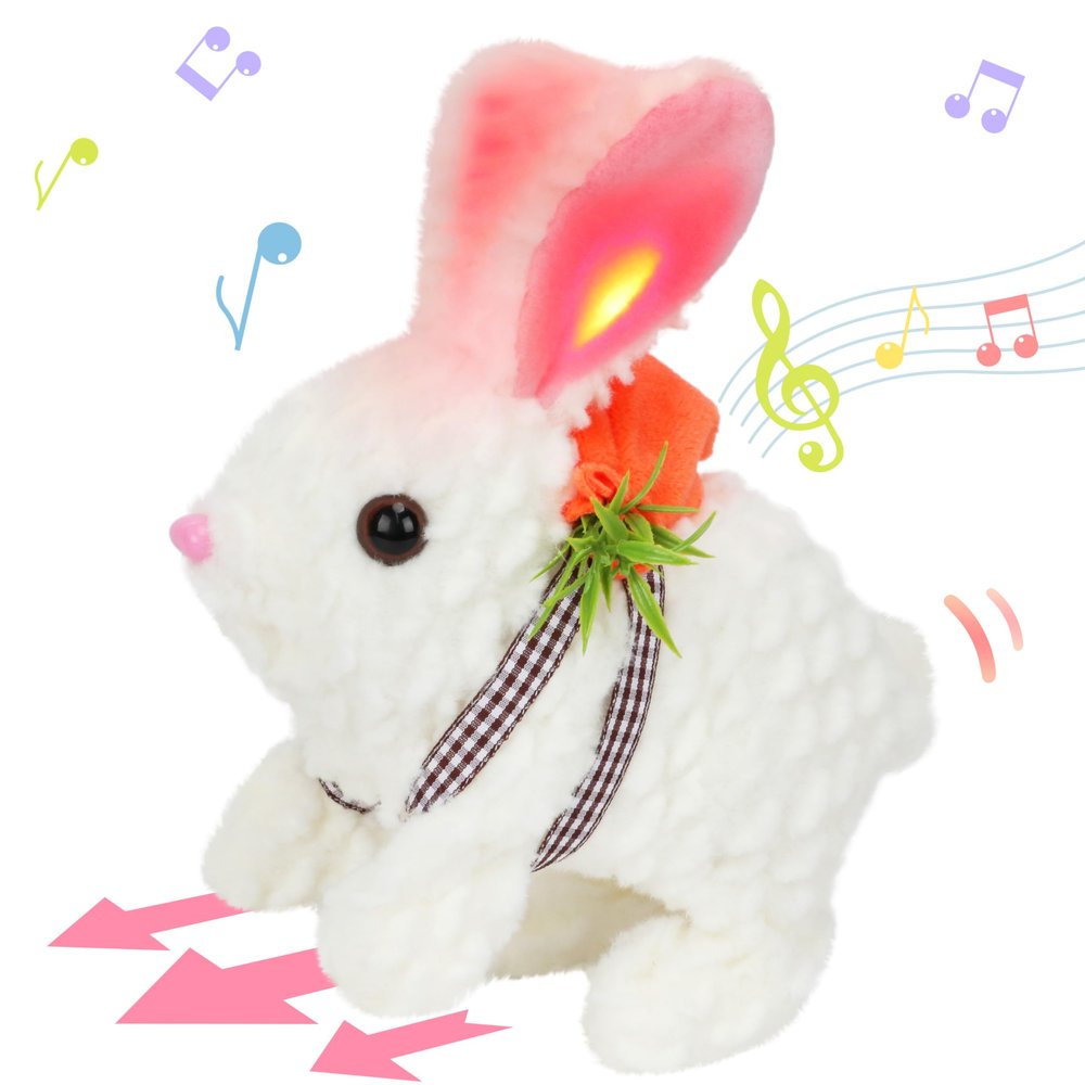 Hopearl Hopping Rabbit with LED Ears Carrot Backpack Interactive Plush Bunny Toy with Sounds Animated Walking Wiggle Light up Ears Twitch Nose Gift for Toddlers, White, 7''