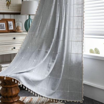 Daesar Bedroom Curtains 2 Panel Sets, Cotton Hook Window Curtains 52" W x 118" H Drapes Embroidered Square Solid Color Tassels Grey Semi Blackout Curtains for Living Room