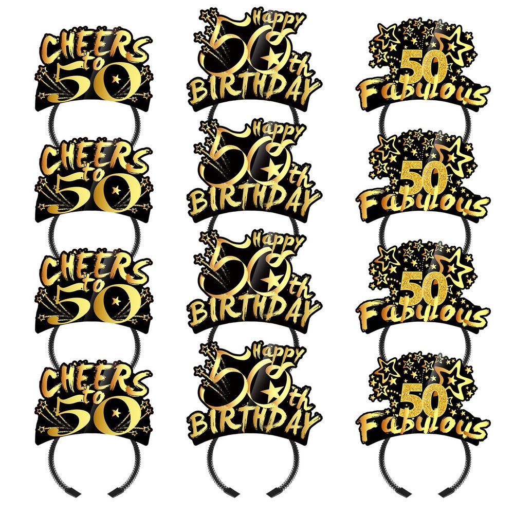 KKBES 12 Piece Happy Birthday Headbands & 50th Birthday Party Hats