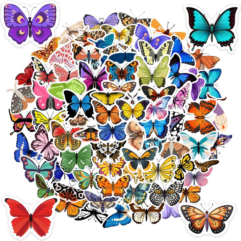 100 Assorted Butterfly Stickers - Waterproof Vinyl Decals for Journals, Water Bottles, Laptops, Kindle - Versatile Decorative Stickers for Crafts & Rewards