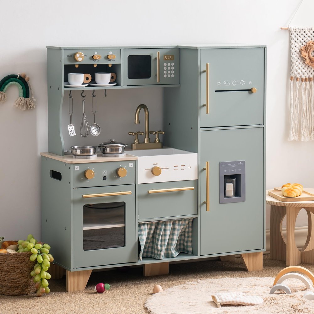 ROBUD Play Kitchen Set, Wooden Play Kitchen with Ice Maker, Fridge, Coffee Machine, Oven, Dishwasher, Microwave, Kitchen Accessories, Toy Kitchen Gift for Boys Girls, 3+
