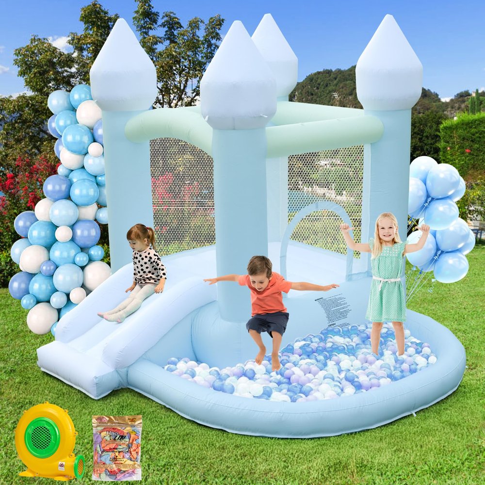 FOOING Blue Bounce House, Inflatable Bounce House with Air Blower, Jumping Castle Bounce House with Ball Pit for Party, Wedding, Backyard Easy to Set Up, Safe for Family
