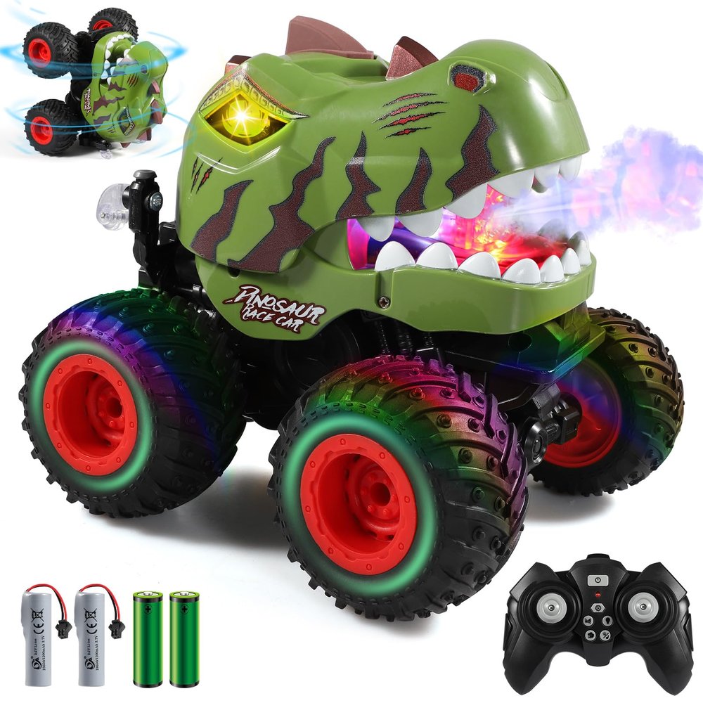 DYODYORC Remote Control Car, 2.4Ghz All Terrain Dinosaur Monster Truck Toys, RC Truck with Spay, Music, Stunt Capable, All Included Ready to Run, Toy Gifts for Boys and Girls (Dark Green)