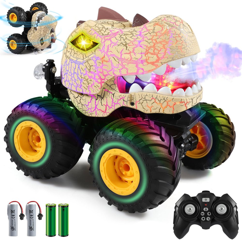 DYODYORC Remote Control Car, 2.4Ghz All Terrain Dinosaur Monster Truck Toys, RC Truck with Spay, Music, 3 Lighting Effects, Stunt Capable, Toy Gifts for Boys and Girls (Yellow)