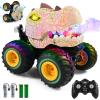 DYODYORC Remote Control Car, 2.4Ghz All Terrain Dinosaur Monster Truck Toys, RC Truck with Spay, Music, 3 Lighting Effects, Stunt Capable, Toy Gifts for Boys and Girls (Yellow) view 1