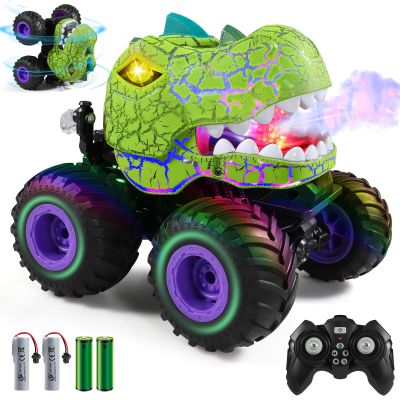 DYODYORC Remote Control Car, 2.4Ghz All Terrain Dinosaur Monster Truck Toys, RC Truck with Spay, Music, 3 Lighting Effects, Stunt Capable, Toy Gifts for Boys and Girls (Green Purple)