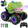 DYODYORC Remote Control Car, 2.4Ghz All Terrain Dinosaur Monster Truck Toys, RC Truck with Spay, Music, 3 Lighting Effects, Stunt Capable, Toy Gifts for Boys and Girls (Green Purple) view 1