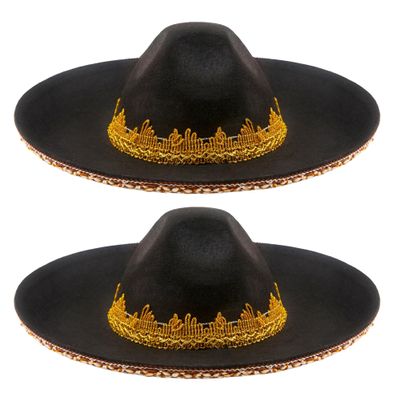 Cagemoga 2 Pack Mexican Sombrero Hat Black Felt Large Sombrero Hat for Kids Teens Mexican Party Dress Up Accessories (Color Set 1)