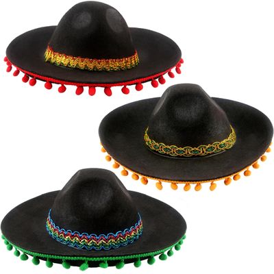 Cagemoga 3 Pack Mexican Sombrero Hat Black Felt Fiesta Large Sombrero Hat with Ball Fringe for Fiesta Mexican theme Party Outfit Accessories