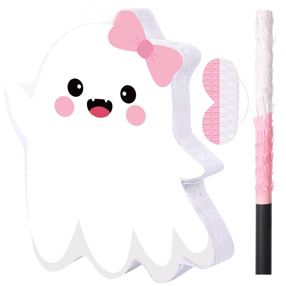 Aoriher Ghost Piata Pink Halloween Piata White Pink Ghost Party Piata with Bat Stick Blindfold Mask Confetti for Halloween Holiday Theme Festival Birthday Party Supplies Decoration(Cute)