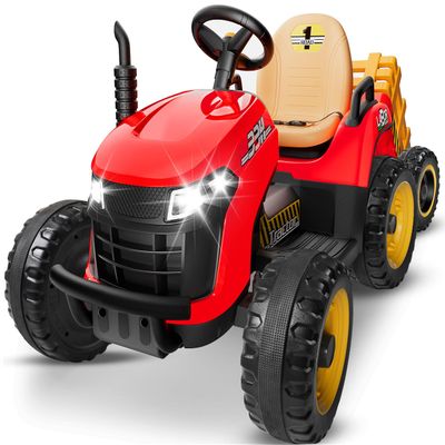 24V Ride On Tractor w/Tiltable & Detachable Trailer, 2x65W Motors, EVA Tires, Remote Control, Bluetooth, Shifter, Music, Electric Car for Kids (Red)