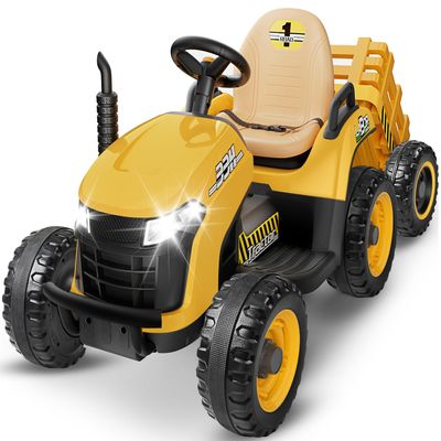 24V Ride On Tractor w/Tiltable & Detachable Trailer, 2x65W Motors, EVA Tires, Remote Control, Bluetooth, Shifter, Music, Electric Car for Kids (Yellow)
