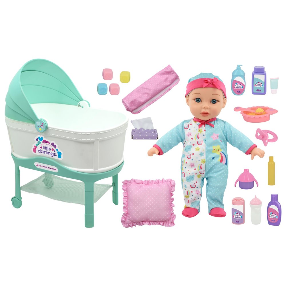 New Adventures Little Darlings: 12" Bassinet Baby Doll Set - Teal, Pink, Stars - Soft Body Doll, Plastic Bassinet, Accessories, Toddler Kids Ages 2+