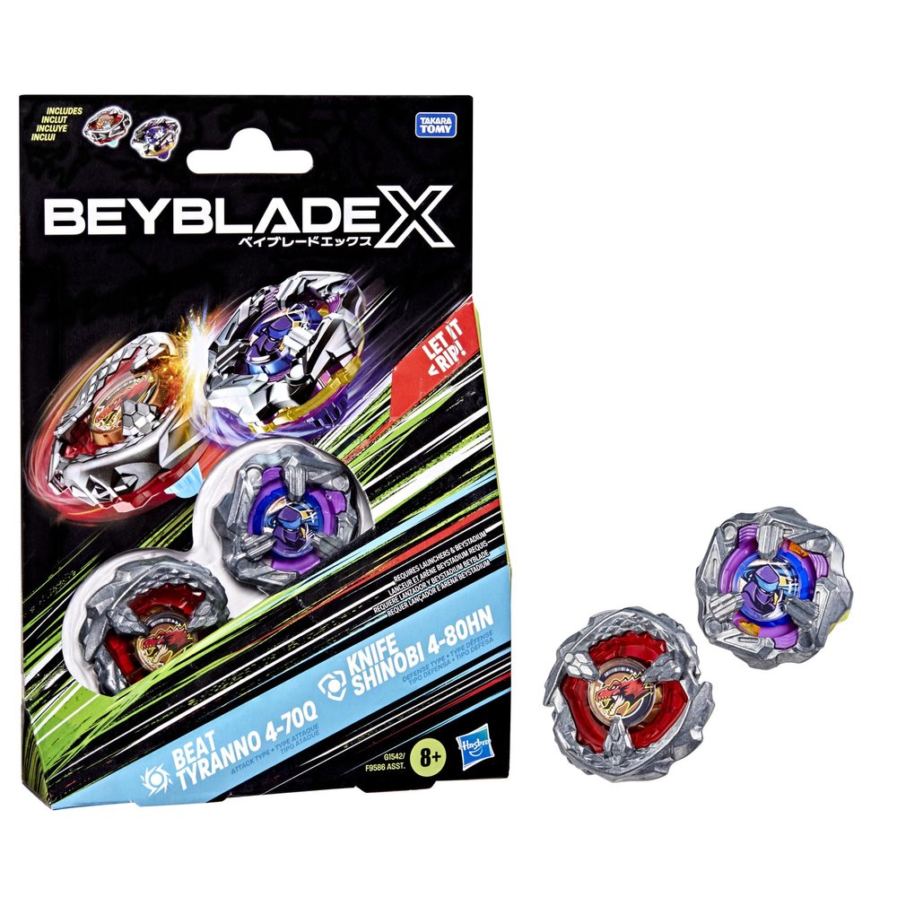 Beyblade X Beat Tyranno 4-70Q & Knife Shinobi 4-80HN Dual Pack Set with 2 Right-Spinning Tops; Authentic Takara Tomy Battle Tops; Games/Toys for Boys & Girls 8+