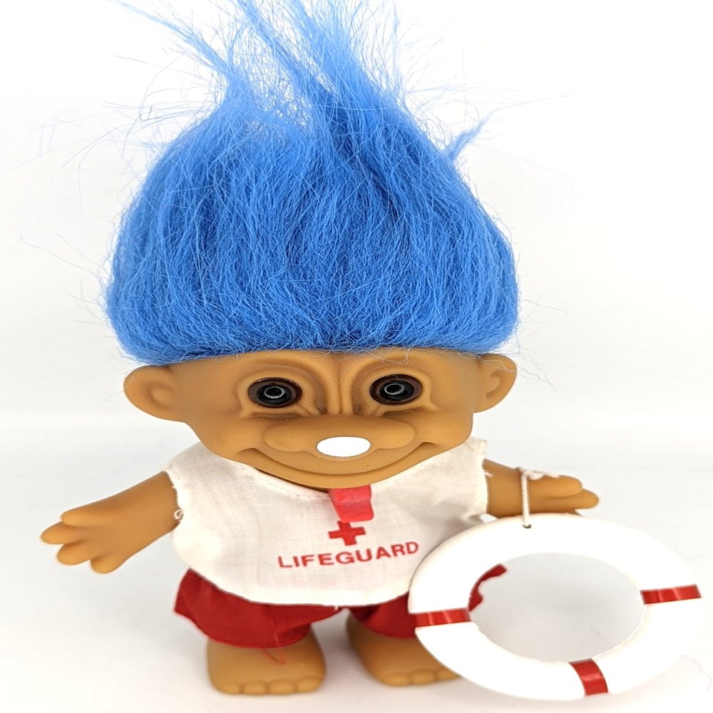 Generic Troll Doll Blue Hair 5 inch Pool Beach Lifeguard, Red