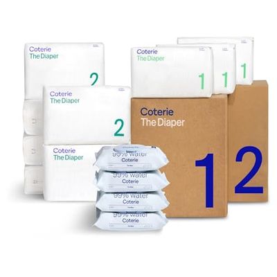 Coterie Baby Wipes + Diapers Kit, Size 1 (99 Count) & Size 2 Diapers (186 Count), 4 Pack (224) Baby Wipes with 99% Water, Plant Based Materials, Hypoallergenic for Sensitive Skin