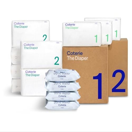 Coterie Baby Wipes + Diapers Kit, Size 1 (99 Count) & Size 2 Diapers (186 Count), 4 Pack (224) Baby Wipes with 99% Water, Plant Based Materials, Hypoallergenic for Sensitive Skin