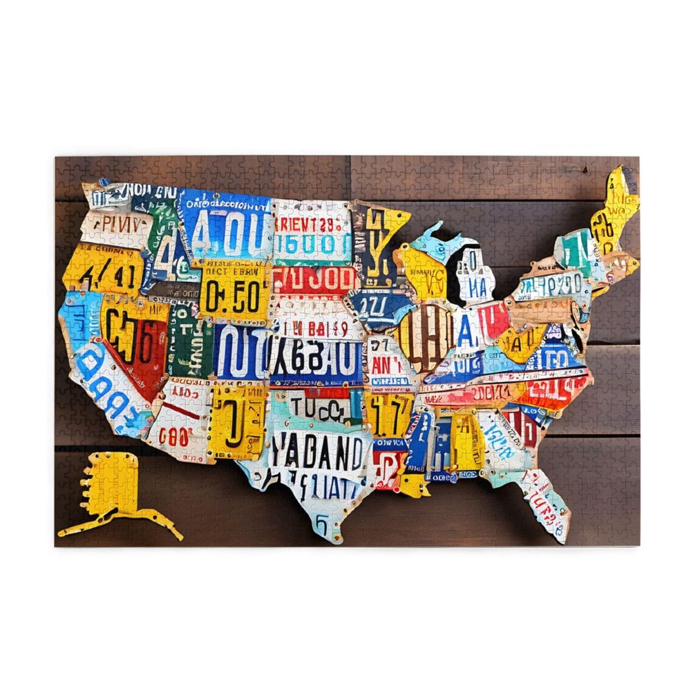 BEIVGOXL License Plate Map Printed Picture Personalized Wooden Puzzle 1000 Piece,Interesting Jigsaw Puzzles for Adults and Families Kids, Landscape Animal Puzzle, White