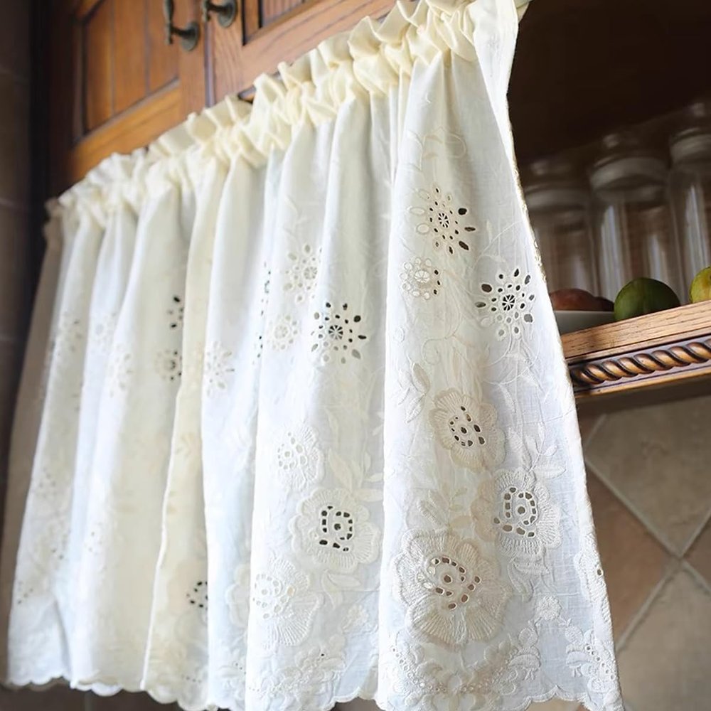 SULIANYI Hollow Embroidery Valances, Half Curtains for Windows, Cotton Curtain for Kitchen Bathroom Window Home Decor,1 Panel, Beige (WxH 100x53cm(39.3x20.8in))