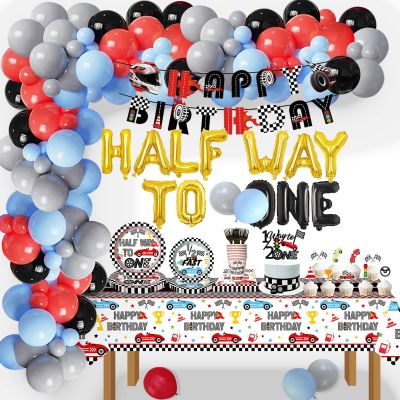 198 Pcs Race Car Half Way to First Birthday Party Supplies Decorations - Racing 1/2 Way to One Plates Cups Tablecover Cake Toppers Banner Balloons Arch for Racing Theme Boys 6 Months Bday Party Favor