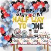 198 Pcs Race Car Half Way to First Birthday Party Supplies Decorations - Racing 1/2 Way to One Plates Cups Tablecover Cake Toppers Banner Balloons Arch for Racing Theme Boys 6 Months Bday Party Favor view 1