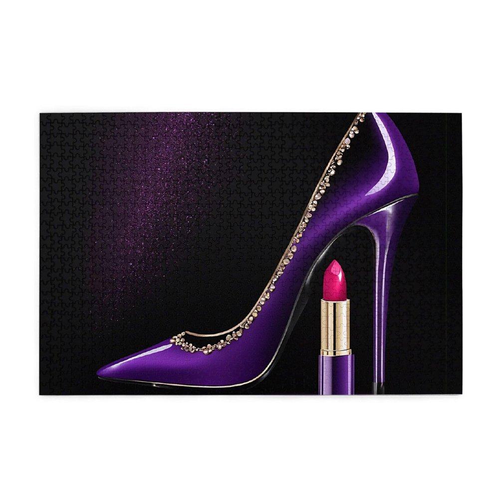 BEIVGOXL Elegant Purple High Heels with Lipstick Printed Picture Personalized Wooden Puzzle 1000 Piece,Interesting Jigsaw Puzzles for Adults and Families Kids, Landscape Animal Puzzle, White