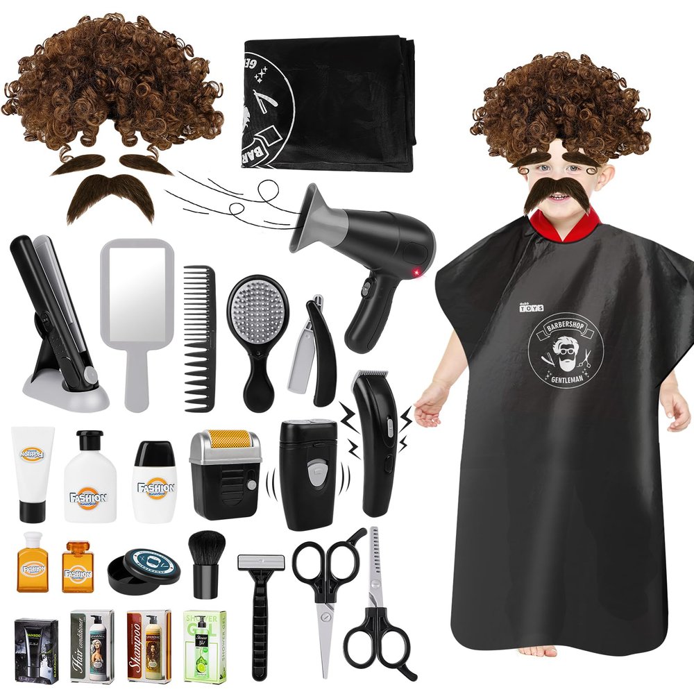 deAO Barber Shop Pretend Play Toy,29 PCS Kids Shaving Kit for Boys,Styling Accessories with Hair Dryer,Hair Straightener,Stylist Apron,Boys Grooming Salon Set Gift for Kids 3+