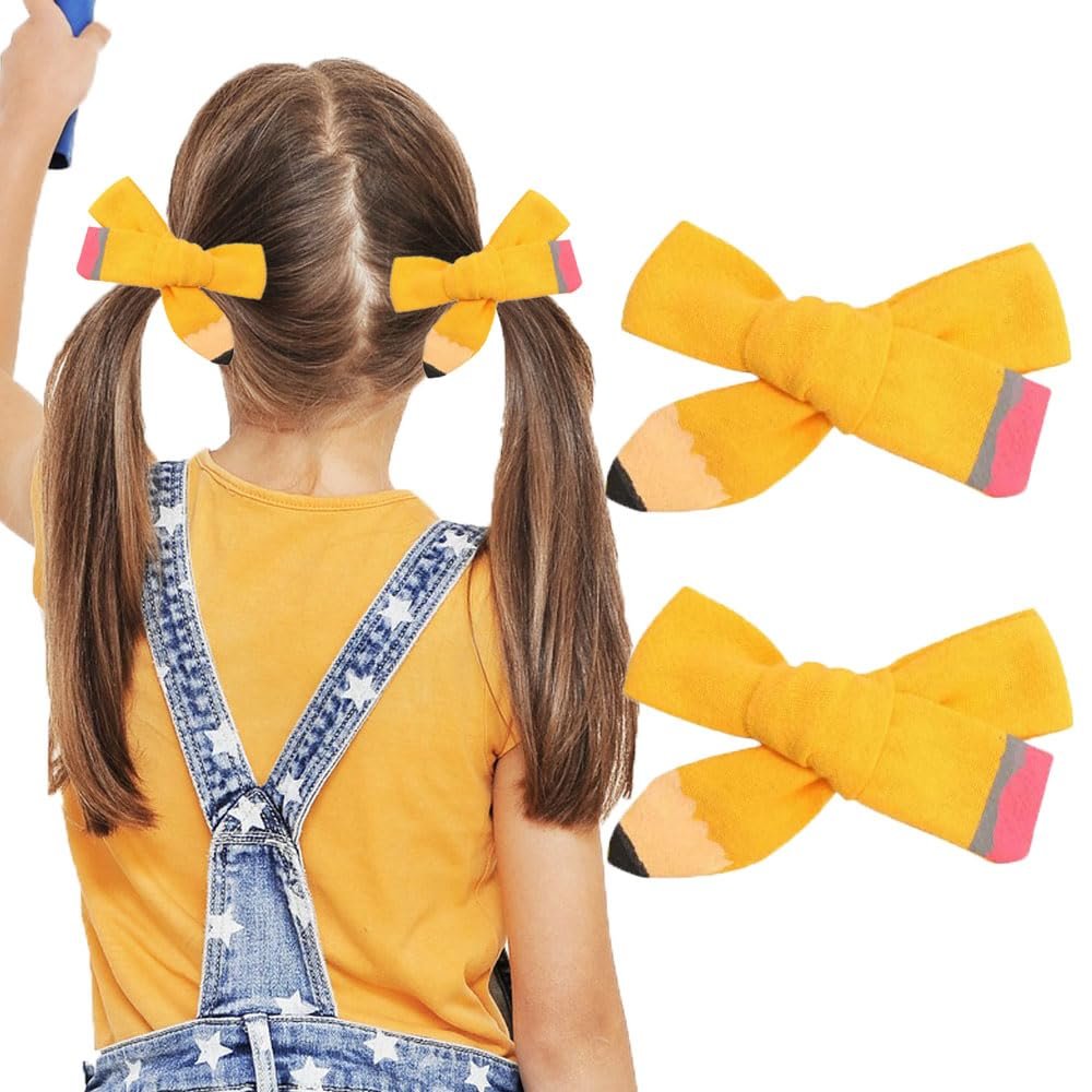 Back to School Hair Bow Clips The Hand Painted Yellow Pencil Hair Bow Barrette Baby Girl Bow Clips Ponytail Holder Hairgrips Hairpin First Day of School Gift for Kindergarten 1st 2nd 3rd Grade Student