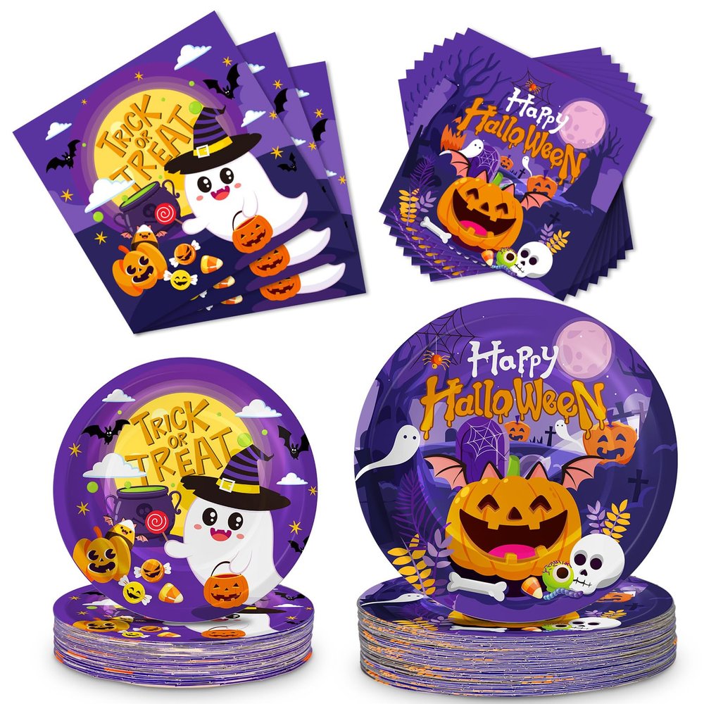 150 Pcs Halloween Plates and Napkins Sets - Cute Happy Halloween Party Supplies Tableware, Halloweens Disposable Paper Plates Napkins Set for Halloweens Birthday Party Decorations Favors, Serve 50