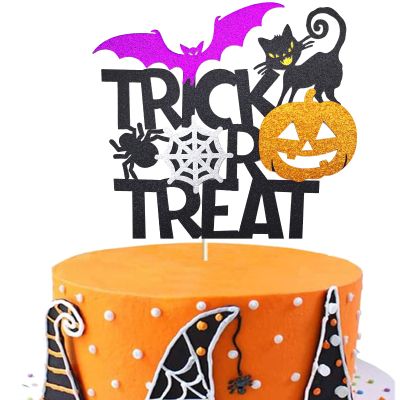 1Pcs Happy Halloween Cake Topper Black Glitter Trick or Treat Cake Topper Castle Witch Pumpkin Ghost Bat Halloween Cake Decorations Cake Pick for Halloween Birthday Baby Shower Party Supplies