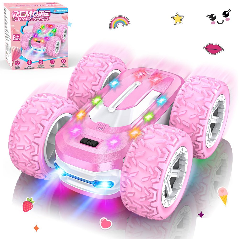 Pink Remote Control Car for Girls, RC Cars for Kids with DIY Sticker & Colored Lights, 2.4Ghz Double Sided 360 Flips 4WD Stunt Car, Rechargeable Toy Cars for Girl Ages 4-6 5-7 6-8 8-12 Birthday Gift