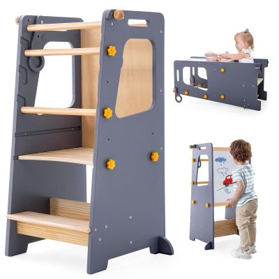 4 in 1 Toddler Kitchen Tower, Kids Kitchen Stool Helper, Standing Tower with Convertible Table and Chair, Toddler Step Stool with Adjustable-Height,Whiteboard and Safety Rail for Counter Sink (Gray)