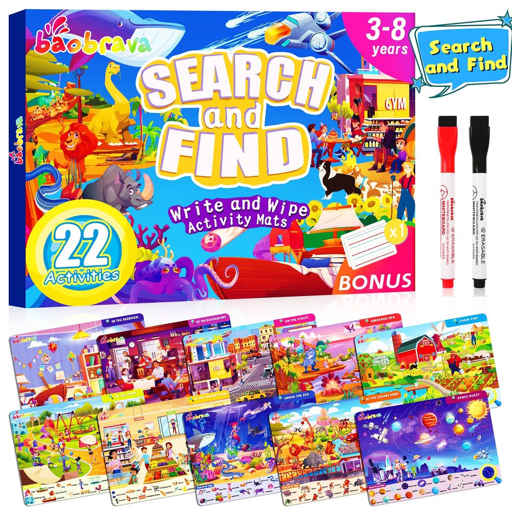 Baobrava Search and Find Game Books - Preschool Learning Activities for Kids Age 3-8, Travel Games for or Road Trip Car Airplane, Educational Seek Activity Birthday Gifts for Boys and Girls