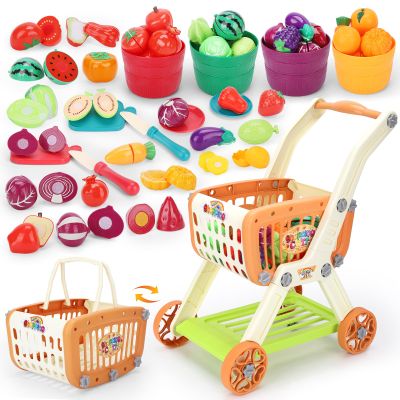 Kids Shopping Cart with Cutting Play Food Set for Kid Kitchen, 2 in 1 Shopping Cart for Kids Grocery Store Pretend Play Kitchen Accessories Sorting Food Bucket Learning Toys Gift for Toddler 3-5