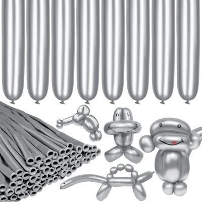 LXZFCRG 260 Long Balloons, Shiny Metallic Latex Twisting Balloon for Balloon Animals, Magic Balloons for Birthdays Wedding Party Decorations 100pcs (Metallic Silver)