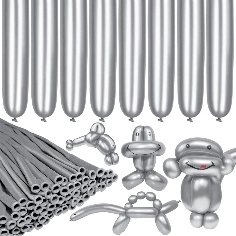 LXZFCRG 260 Long Balloons, Shiny Metallic Latex Twisting Balloon for Balloon Animals, Magic Balloons for Birthdays Wedding Party Decorations 100pcs (Metallic Silver)