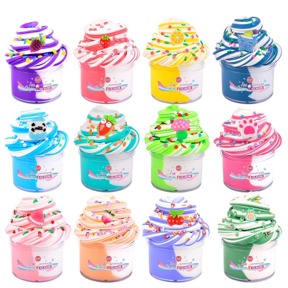 Butter Slime Kit 12 Pack, Scented, Stretchy, Non-Sticky, Premade Slime with Peach, Strawberry, Grape, Avocado Charms, Perect for Birthday Gifts Party Favors and Stress Relieft Toy