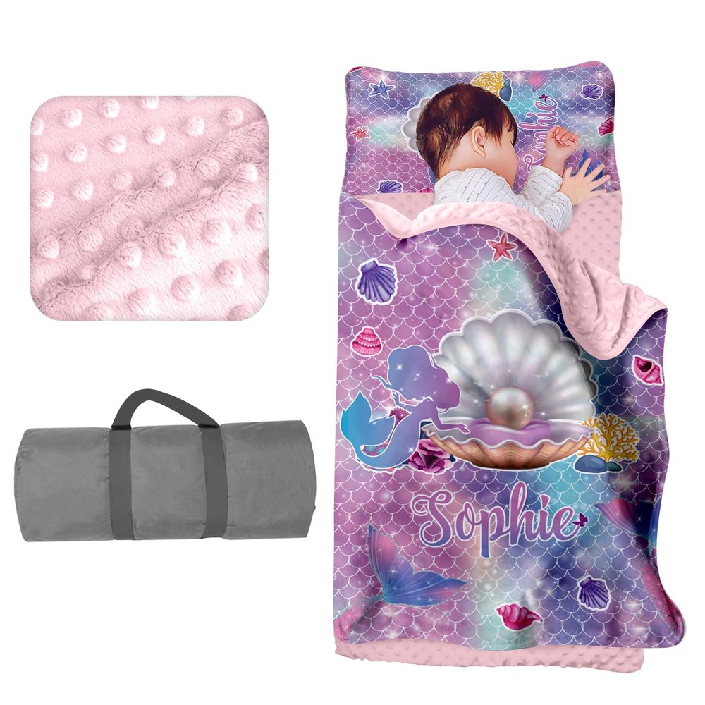 Custom Toddler Girls Sleeping Bag Nap Mat for Daycare, Mermaid Kids Sleeping Bag with Pillow & Blanket for Preschool Kindergarten, Personalized Name Easy Carry Napsack Purple Pearl