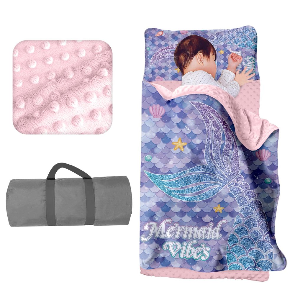 Personalized Toddler Girls Sleeping Bag Nap Mat for Daycare, Mermaid Kids Sleeping Bag with Pillow & Blanket for Preschool Kindergarten, Custom Name Easy Carry Napsack Purple 5