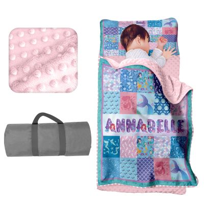 Custom Toddler Girls Nap Mat Sleeping Bag for Daycare, Mermaid Kids Sleeping Bag with Pillow & Blanket for Preschool Kindergarten, Personalized Name Easy Carry Blue Pink